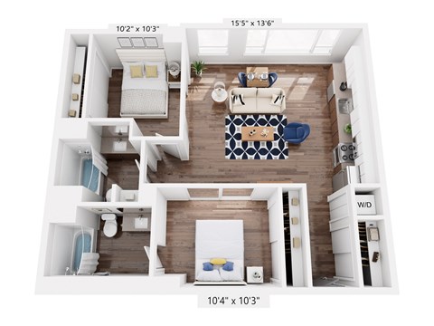 Floor plan for 2 beds, 2 baths, 984 sqft